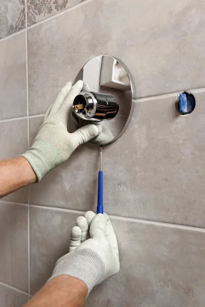 Worker Hands Mounting Built Faucet — Stock Photo, Image
