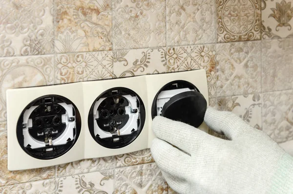 Electrician Installing Switches Sockets Wall — Stock Photo, Image