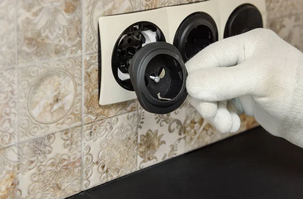 Electrician Installing Switches Sockets Wall — Stock Photo, Image