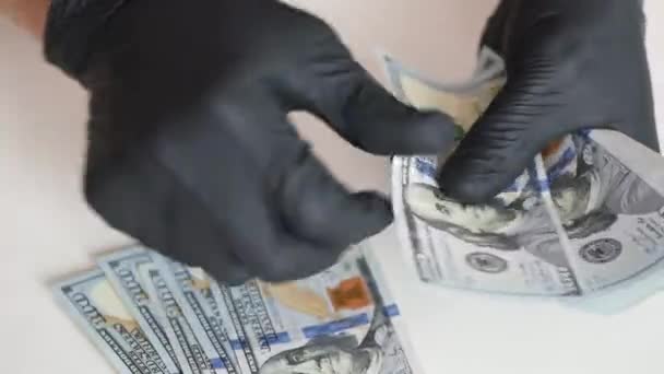 Les Mains Dans Les Gants Noirs Comptent Argent Cent Dollars — Video