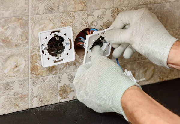 Electrician Installing Switches Sockets Wall — Stock Photo, Image