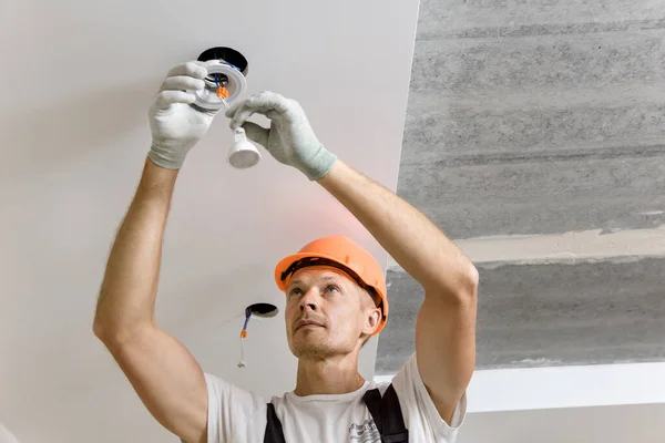 Electrician Installing Led Spotlights Ceiling — Stock Photo, Image