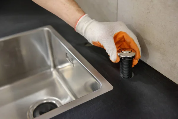 Plumber Setting Start Button Waste Shredder Kitchen Sink — Stock Photo, Image