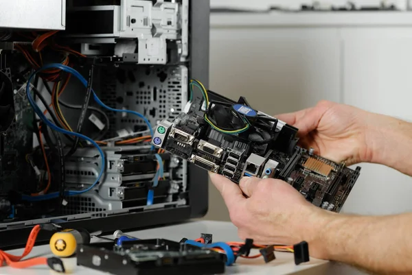 Technician Holding Motherboard Desktop Case — Stock Photo, Image