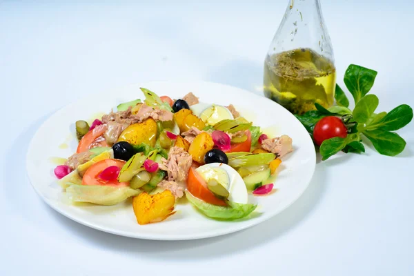 Salada com carne, ovo, tomate, azeitonas e legumes — Fotografia de Stock