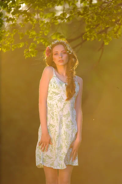 Jovem senhora elegante no vestido, o pôr do sol . — Fotografia de Stock
