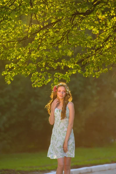 Jovem senhora elegante no vestido, o pôr do sol . — Fotografia de Stock