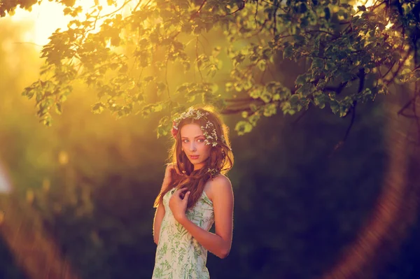 Junge elegante Dame im Kleid, der Sonnenuntergang. — Stockfoto