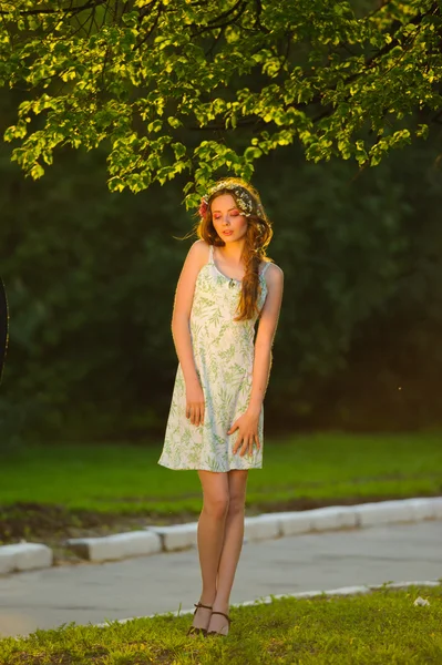 Jovem senhora elegante no vestido, o pôr do sol . — Fotografia de Stock