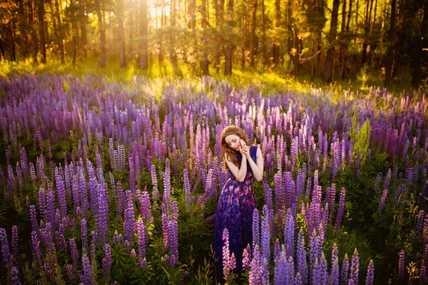 Girl in a field of purple wildflowers — Stock Photo, Image