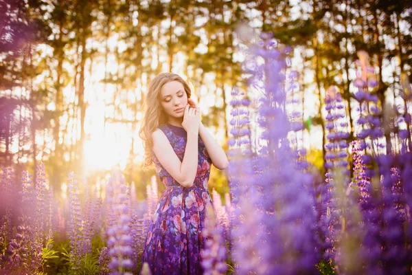 Flicka med blommor lupiner i ett fält vid solnedgången — Stockfoto