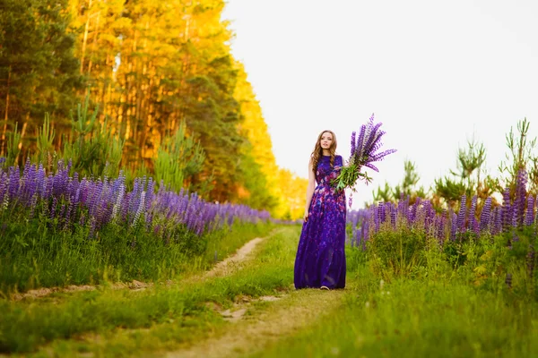 Flicka med blommor lupiner i ett fält vid solnedgången — Stockfoto