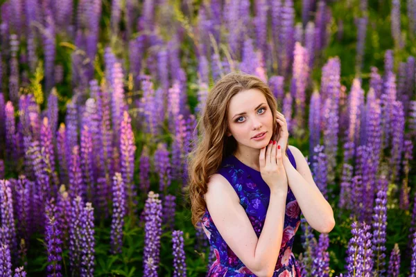 Flicka med blommor lupiner i ett fält vid solnedgången — Stockfoto