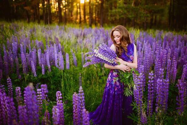 Girl with flowers lupines in a field at sunset — Stock Photo, Image