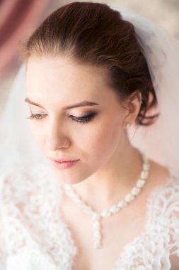 Güzel gelinin portresi. Gelinlik. Düğün süslemesi