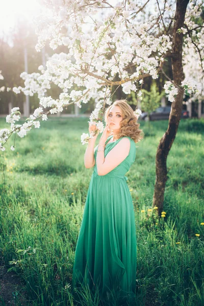 Beautiful young blond woman standing beside a blossoming Apple tree — Stock Photo, Image