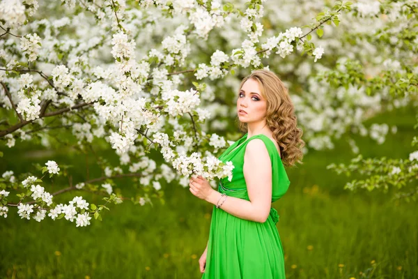 Beautiful happy young woman in spring blossoming garden Stock Picture