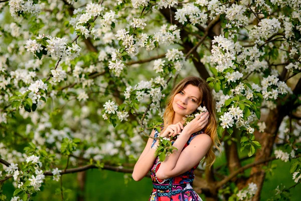 Vacker kvinna i blommande trädgård — Stockfoto