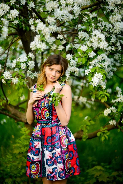 Módní krásná světlovlasá žena v kvetoucí zahradě z jabloní — Stock fotografie