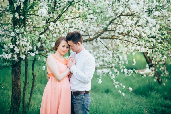 Couple amoureux sous les branches en fleurs jour de printemps . — Photo