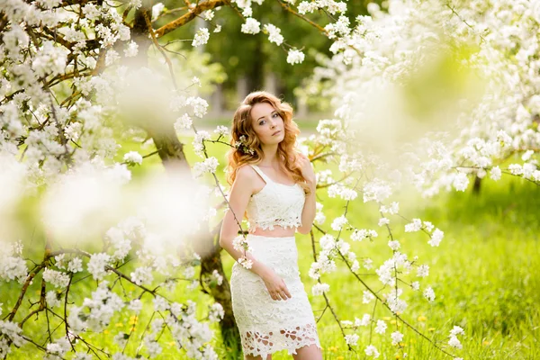 Lente mooi meisje, blond, permanent in een bloeiende boomgaard van Apple . — Stockfoto
