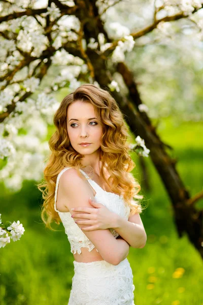 Primavera bella ragazza, bionda, in piedi in un frutteto di mele in fiore  . — Foto Stock