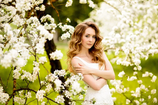 春天美丽的女孩, 金发女郎, 站在一个盛开的苹果果园 . — 图库照片