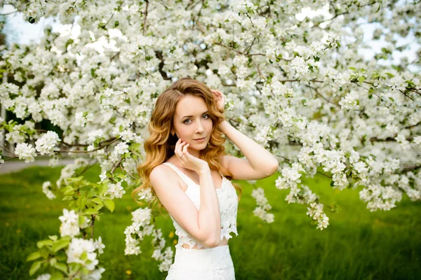 Primavera bella ragazza, bionda, in piedi in un frutteto di mele in fiore  . — Foto Stock