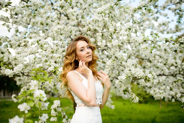 Primavera menina bonita, loira, de pé em um pomar de maçã florescendo  . — Fotografia de Stock