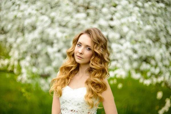 Lente mooi meisje, blond, permanent in een bloeiende boomgaard van Apple . — Stockfoto