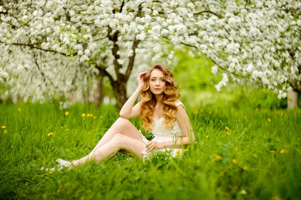 Çiçek açan bir elma meyve bahçesinde Bahar güzel kız ayakta, Sarışın, . — Stok fotoğraf