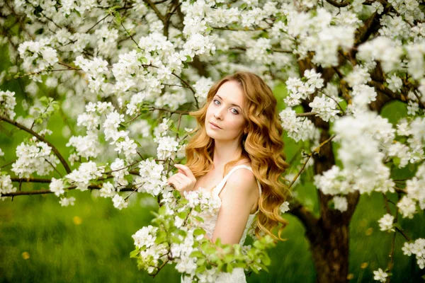 在盛开的花园里的美丽的女人 — 图库照片