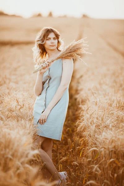 Young Girl Long Curly Hair Light Blue Dress Standing Wheat — Stock Photo, Image