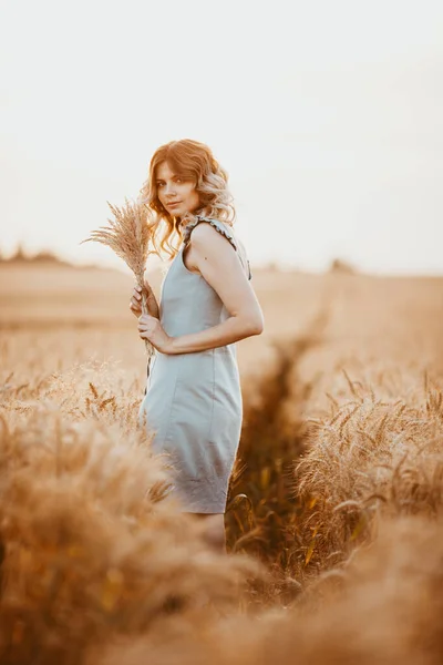 Young Girl Long Curly Hair Light Blue Dress Standing Wheat — Stock Photo, Image