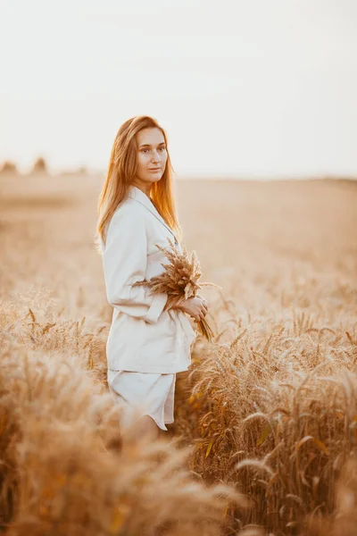 Young Girl Long Curly Hair Light White Suit Standing Wheat — Stock Photo, Image