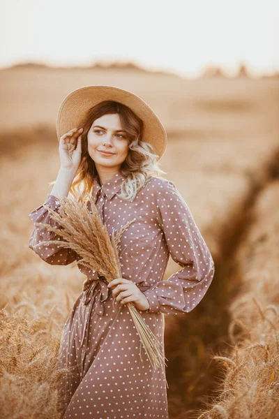 Young Girl Long Curly Hair Hat Brown Dress White Polka — Stock Photo, Image