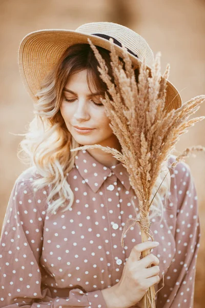 Young Girl Long Curly Hair Hat Brown Dress White Polka — Stock Photo, Image