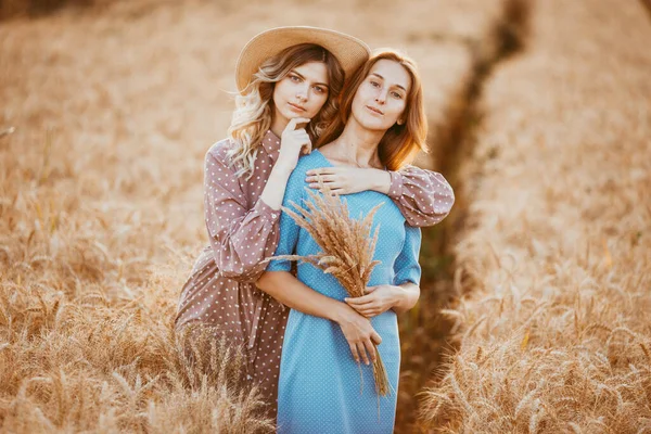 Щасливі Друзі Золотому Полі Молоді Дівчата Пікніку Жовтому Пшеничному Полі — стокове фото