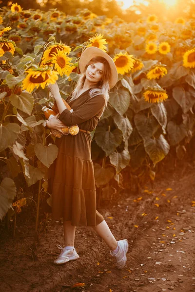 Beautiful Girl Field Sunflowers Sunset Summer — Stock Photo, Image