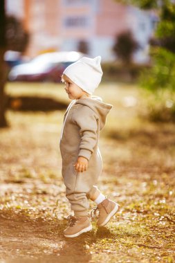 a little boy in a hoodie and a white hat walks in the Park in autumn. Walking in the Park, lifestyle.
