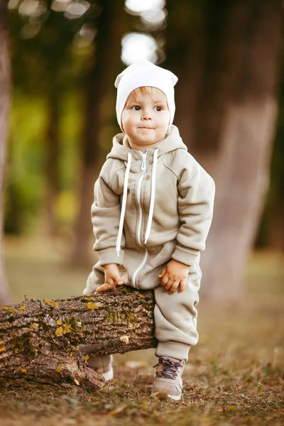 Cute Little Baby Boy Overalls White Hat Walking Autumn Park — Stock Photo, Image