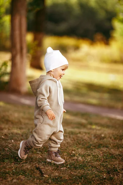 Cute Little Baby Boy Overalls White Hat Walking Autumn Park — Stock Photo, Image