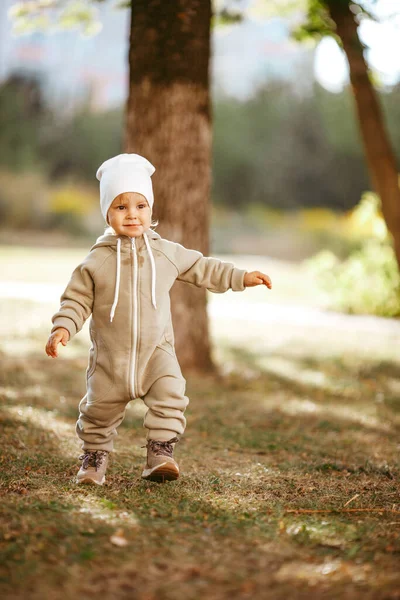 Cute Little Baby Boy Overalls White Hat Walking Autumn Park — Stock Photo, Image