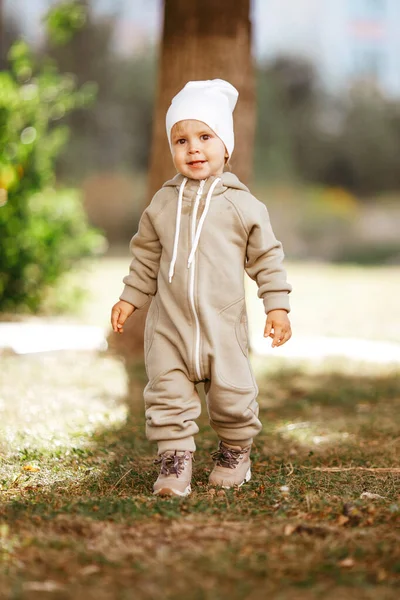 Cute Little Baby Boy Overalls White Hat Walking Autumn Park — Stock Photo, Image