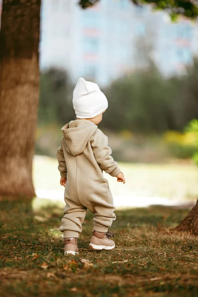 Cute Little Baby Boy Overalls White Hat Walking Autumn Park — Stock Photo, Image