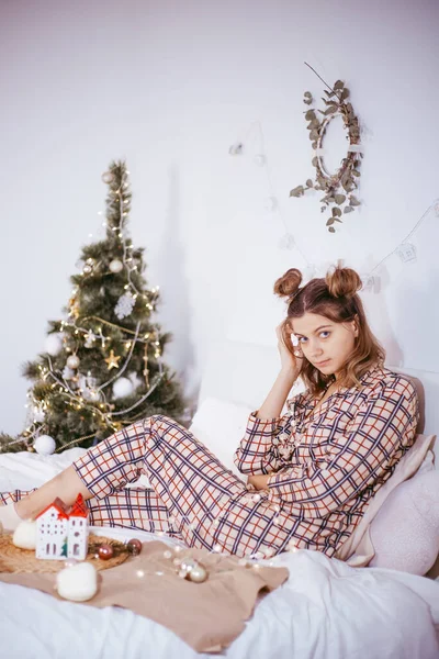 Happy Young Adult Woman Wake Morning Cozy Bedroom Decorated Christmas — Stock Photo, Image