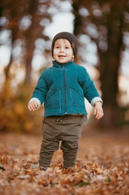 Sonbaharda yürüyüşe çıkan bir çocuk. Yeşil ceketli bir çocuk sonbaharın arka planında parkta yürüyor.
