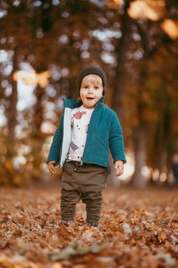 Mutlu çocuk geliyor. Yeşil ceketli ve kahverengi pantolonlu bir çocuk. Seçici odaklı resim.