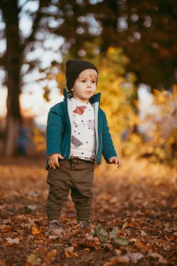 Mutlu çocuk geliyor. Yeşil ceketli ve kahverengi pantolonlu bir çocuk. Seçici odaklı resim.