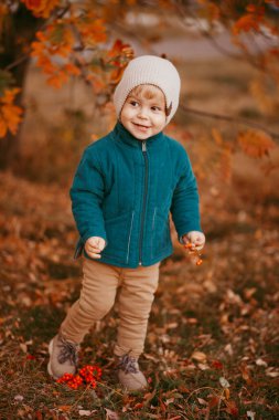 Bej şapkalı ve yeşil ceketli bir çocuk, sonbahar ağaçlarının arka planında duruyor. .